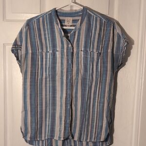 Casual Blue Striped Button-Down Cotton Blend Shirt